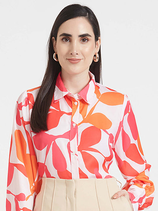 Luxury  Satin Digital Print Puff Sleeve Shirt