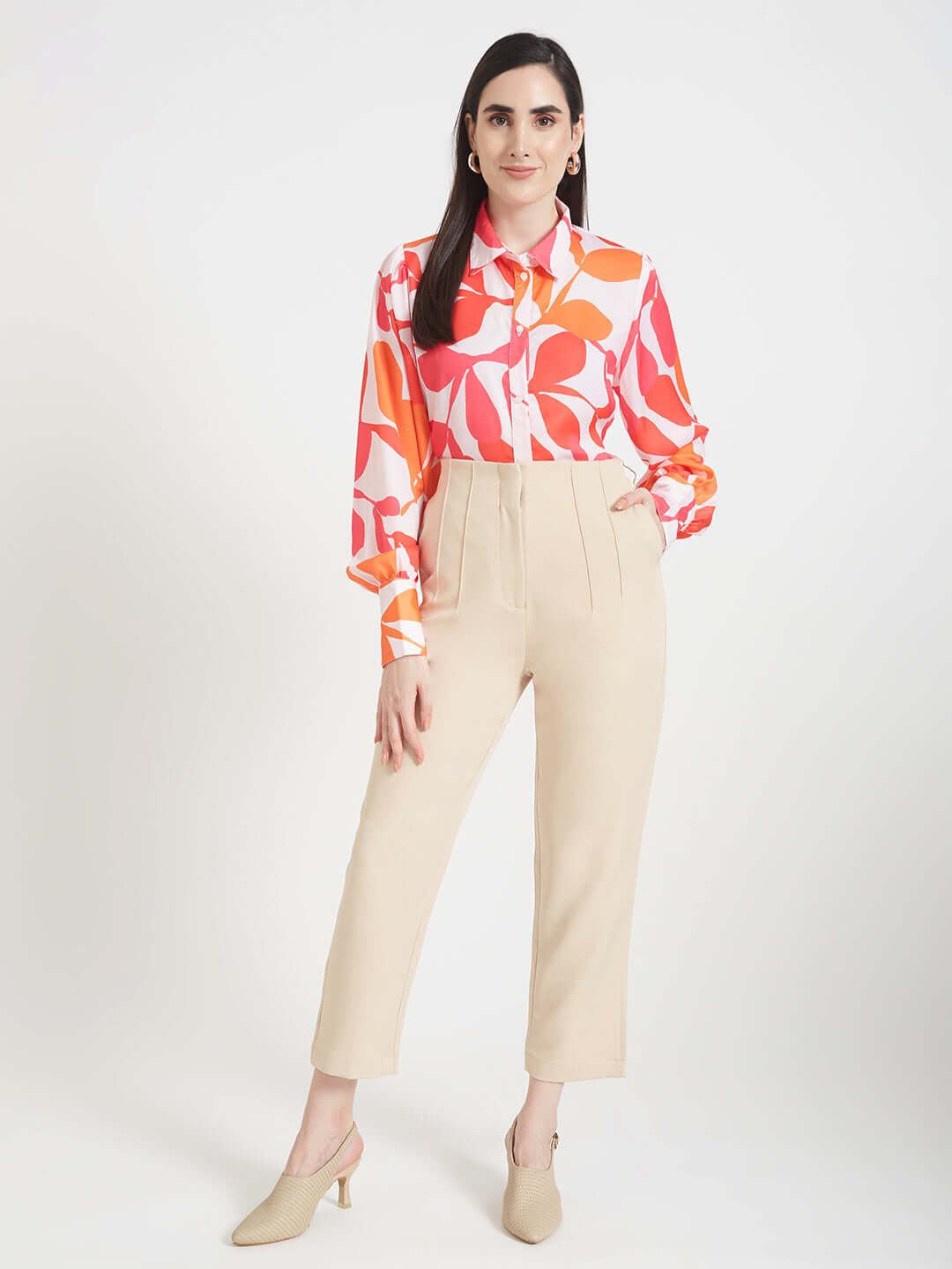 Luxury  Satin Digital Print Puff Sleeve Shirt