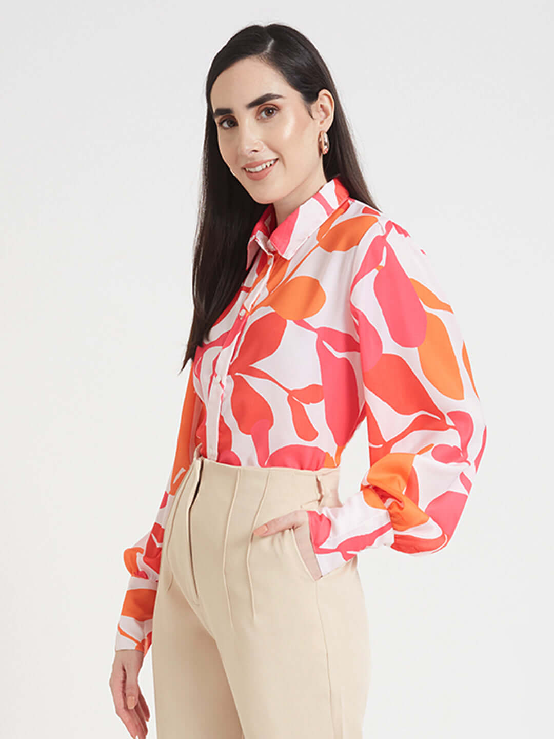 Luxury  Satin Digital Print Puff Sleeve Shirt