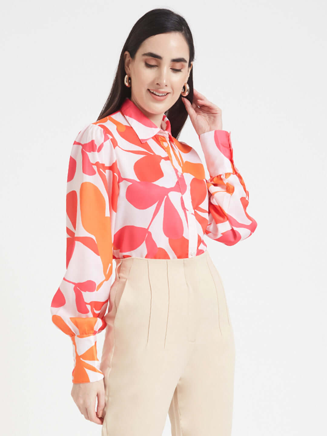 Luxury  Satin Digital Print Puff Sleeve Shirt