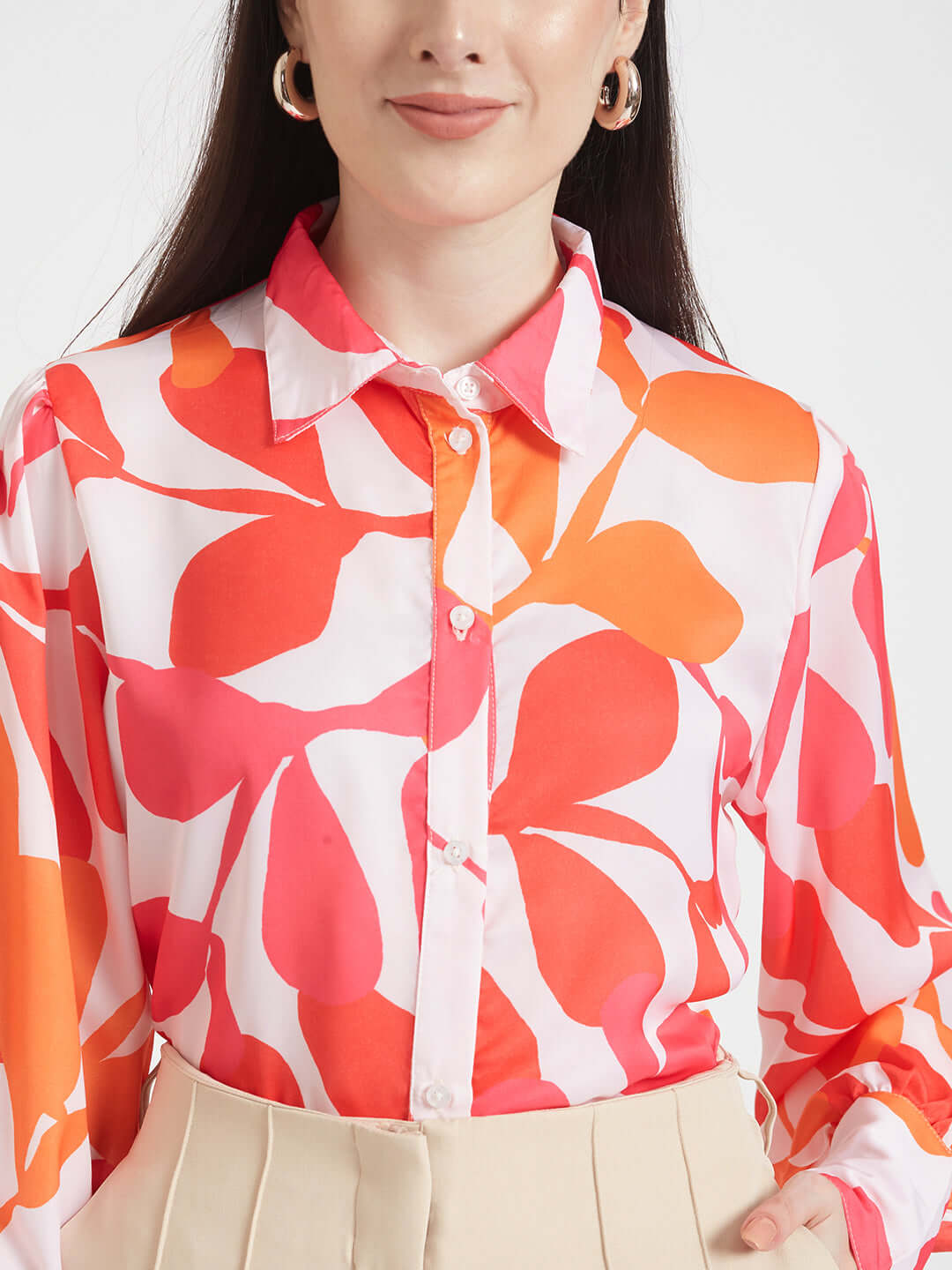 Luxury  Satin Digital Print Puff Sleeve Shirt