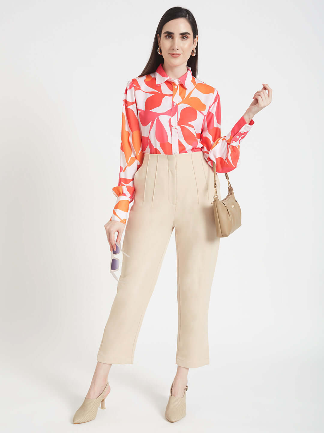 Luxury  Satin Digital Print Puff Sleeve Shirt