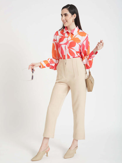 Luxury  Satin Digital Print Puff Sleeve Shirt