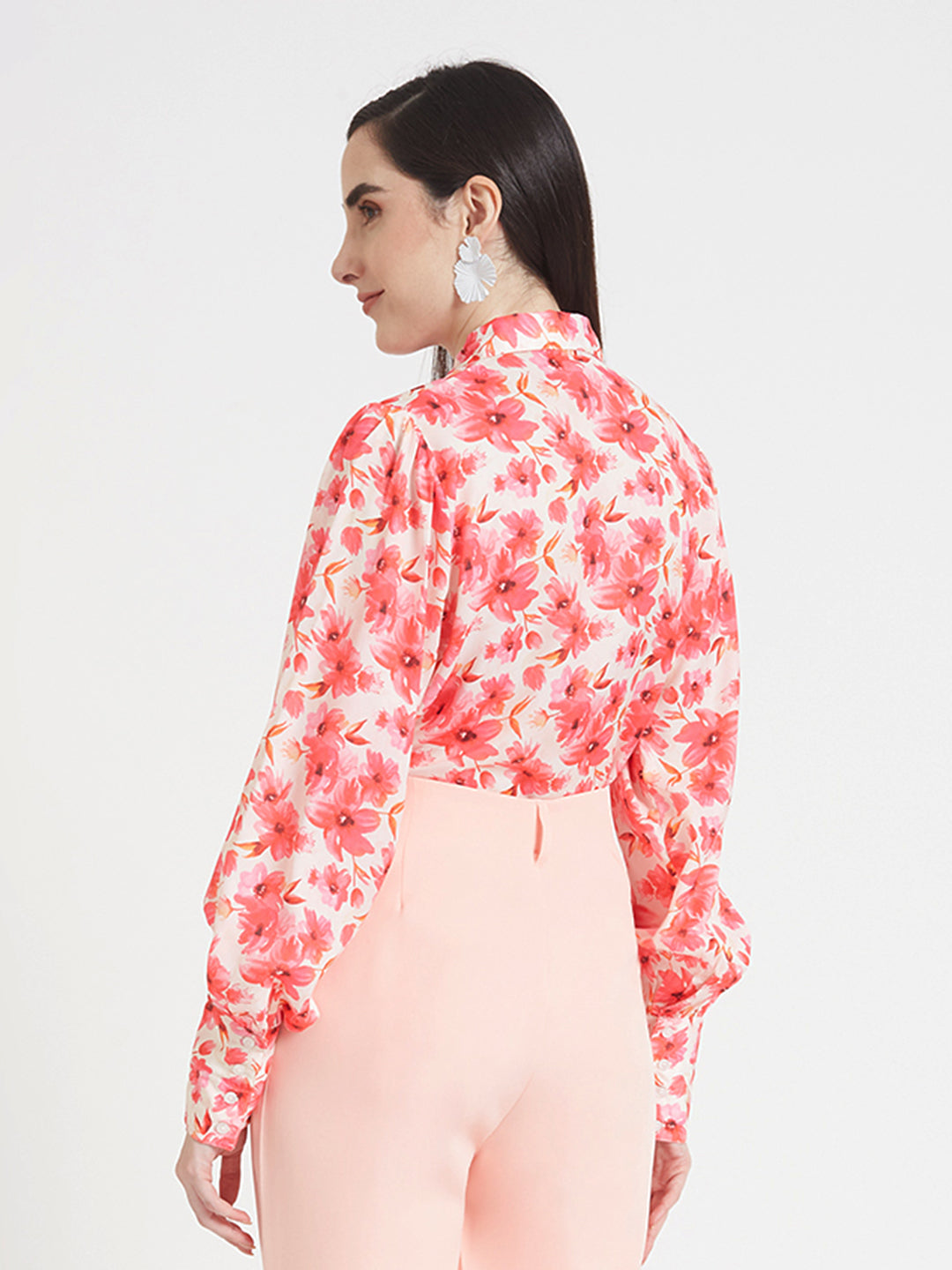 Luxury  Satin Digital Print Puff Sleeve Shirt