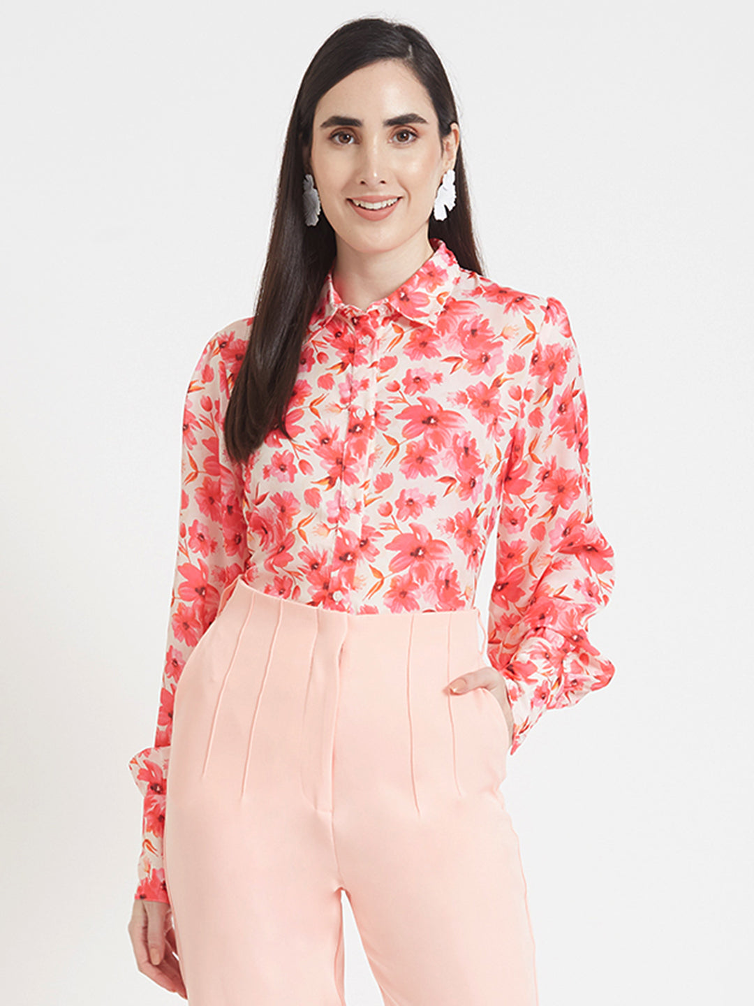 Luxury  Satin Digital Print Puff Sleeve Shirt
