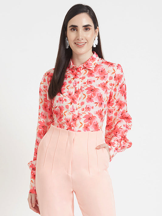 Luxury  Satin Digital Print Puff Sleeve Shirt