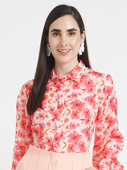 Luxury  Satin Digital Print Puff Sleeve Shirt