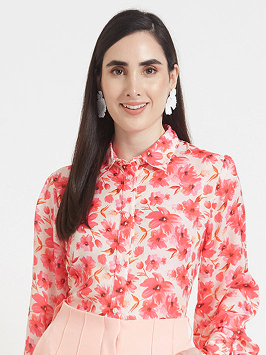 Luxury  Satin Digital Print Puff Sleeve Shirt