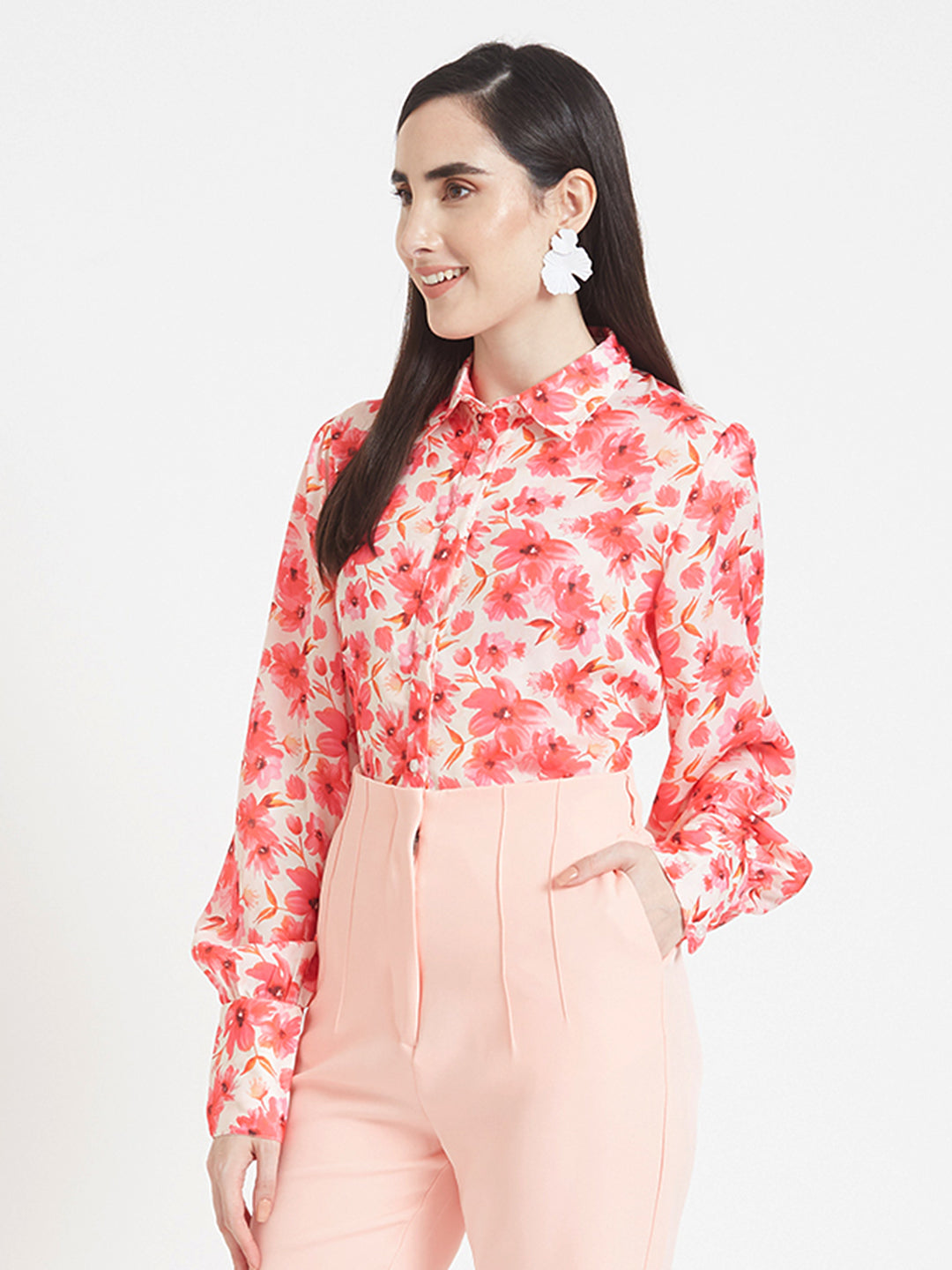 Luxury  Satin Digital Print Puff Sleeve Shirt