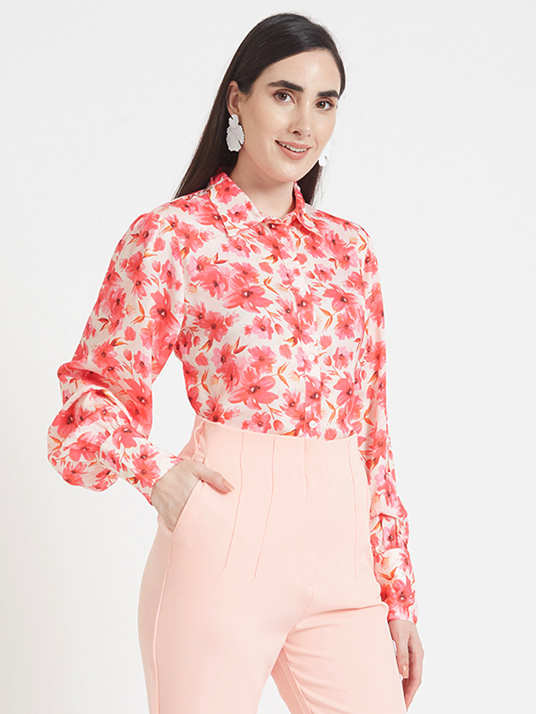 Luxury  Satin Digital Print Puff Sleeve Shirt
