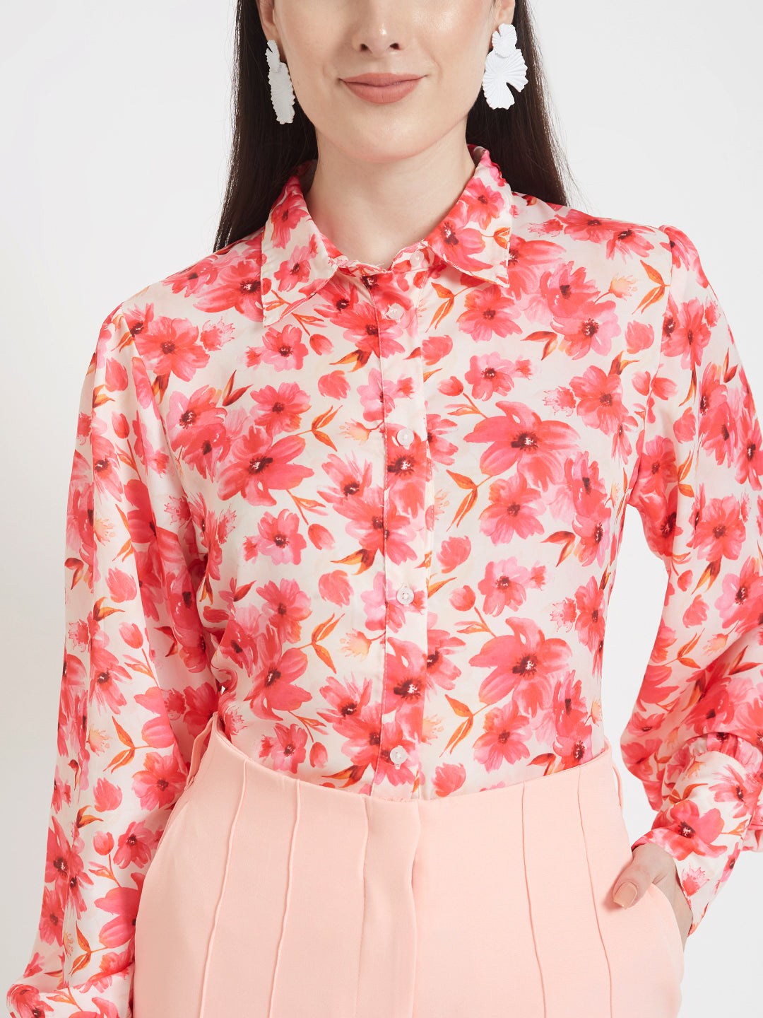 Luxury  Satin Digital Print Puff Sleeve Shirt