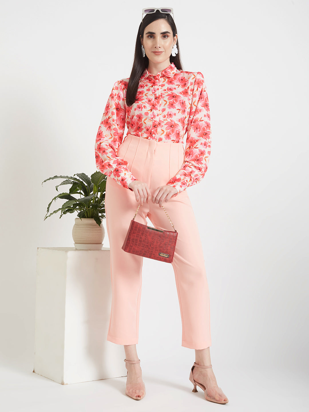 Luxury  Satin Digital Print Puff Sleeve Shirt