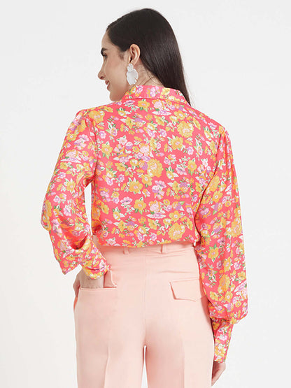 Luxury  Satin Digital Print Puff Sleeve Shirt