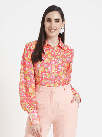 Luxury  Satin Digital Print Puff Sleeve Shirt