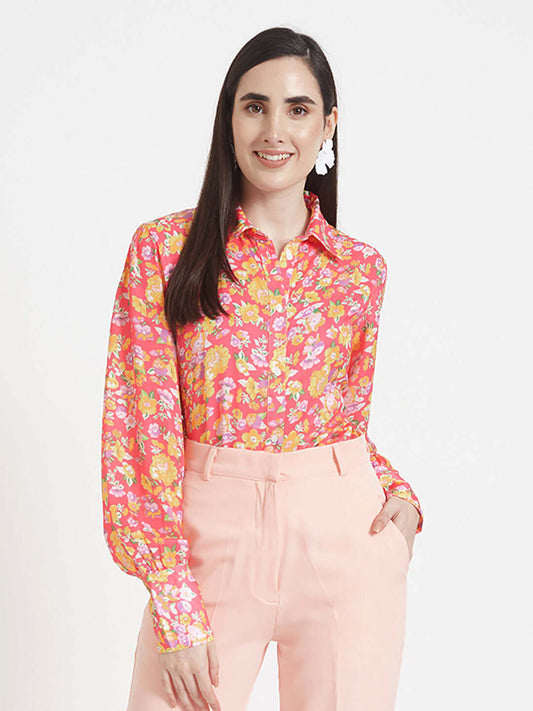 Luxury  Satin Digital Print Puff Sleeve Shirt