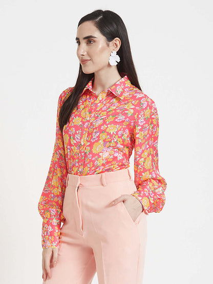 Luxury  Satin Digital Print Puff Sleeve Shirt