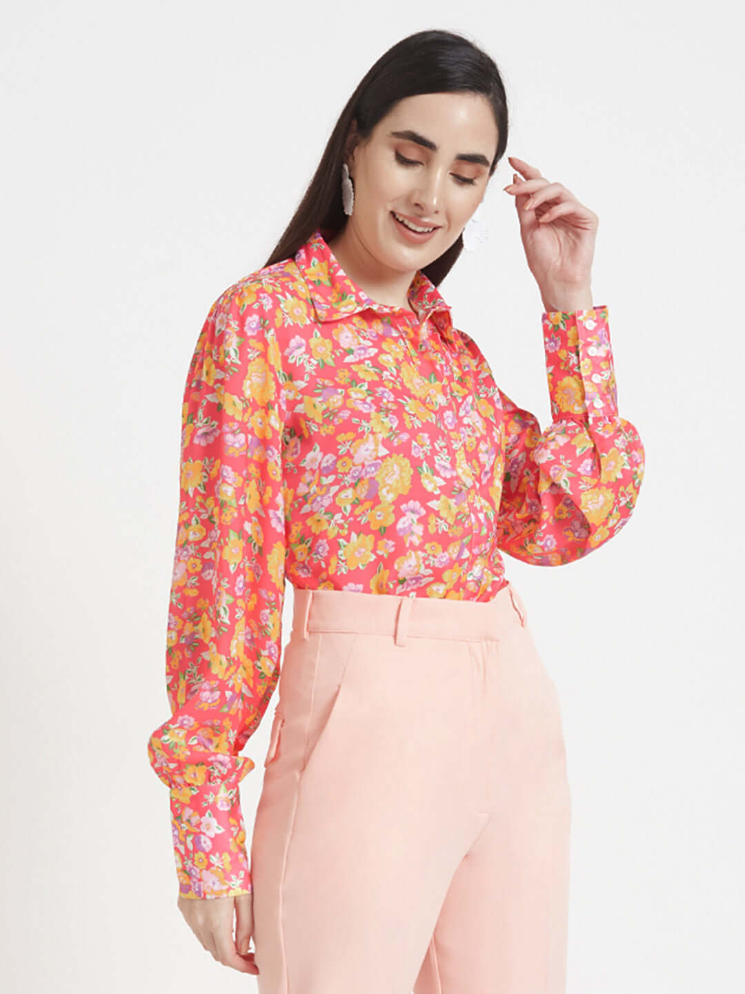 Luxury  Satin Digital Print Puff Sleeve Shirt