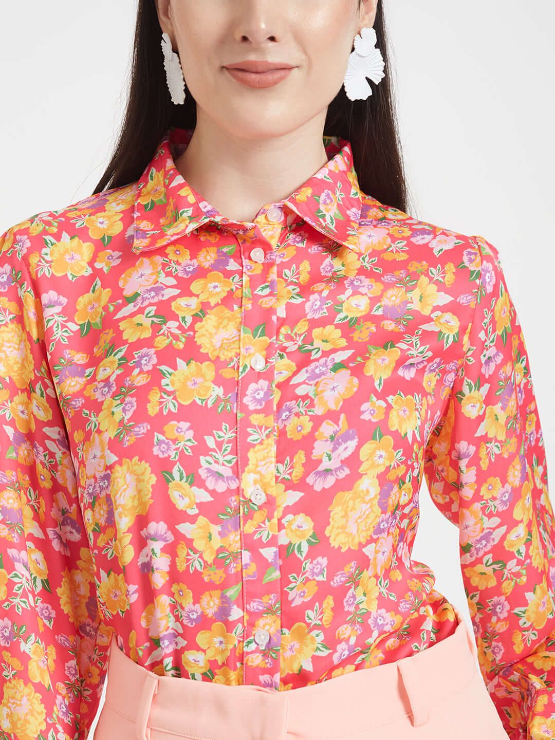 Luxury  Satin Digital Print Puff Sleeve Shirt