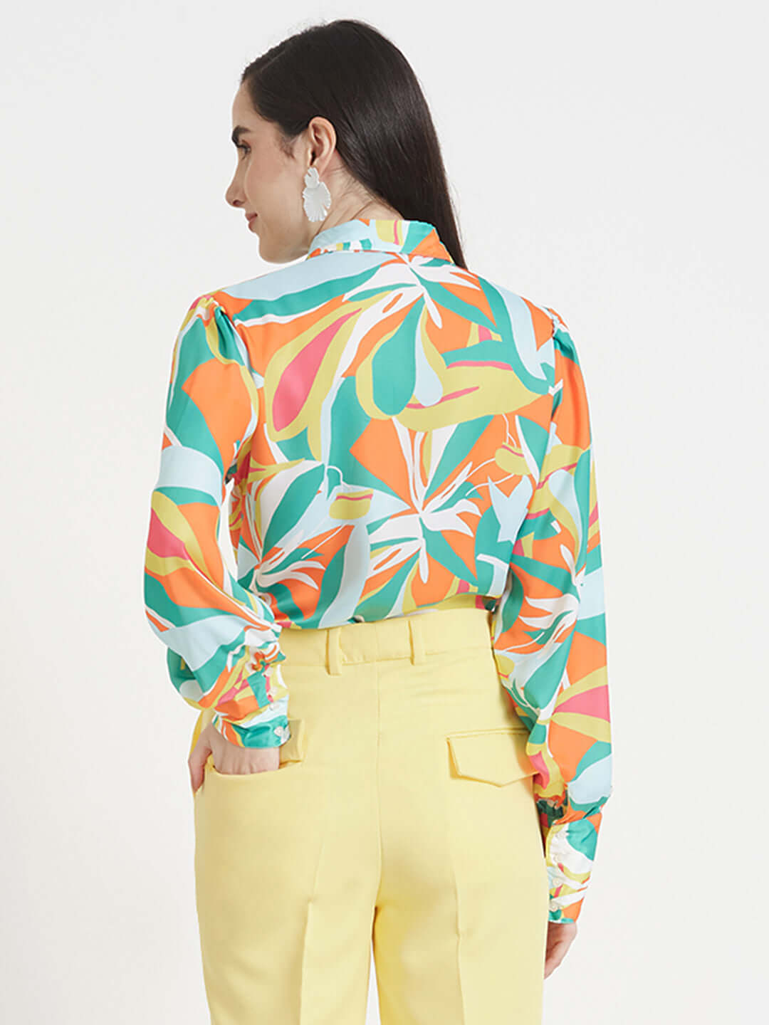 Luxury  Satin Digital Print Puff Sleeve Shirt