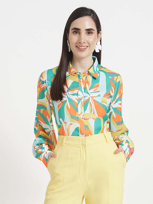 Luxury  Satin Digital Print Puff Sleeve Shirt