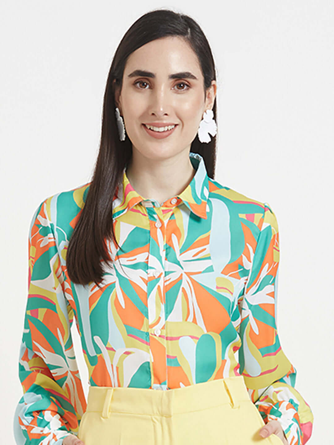 Luxury  Satin Digital Print Puff Sleeve Shirt