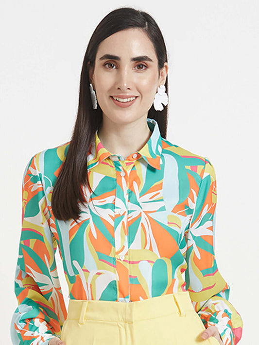 Luxury  Satin Digital Print Puff Sleeve Shirt