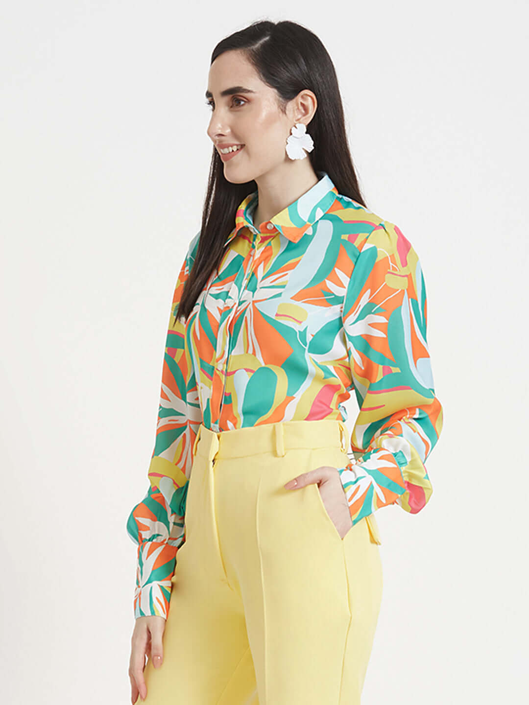 Luxury  Satin Digital Print Puff Sleeve Shirt