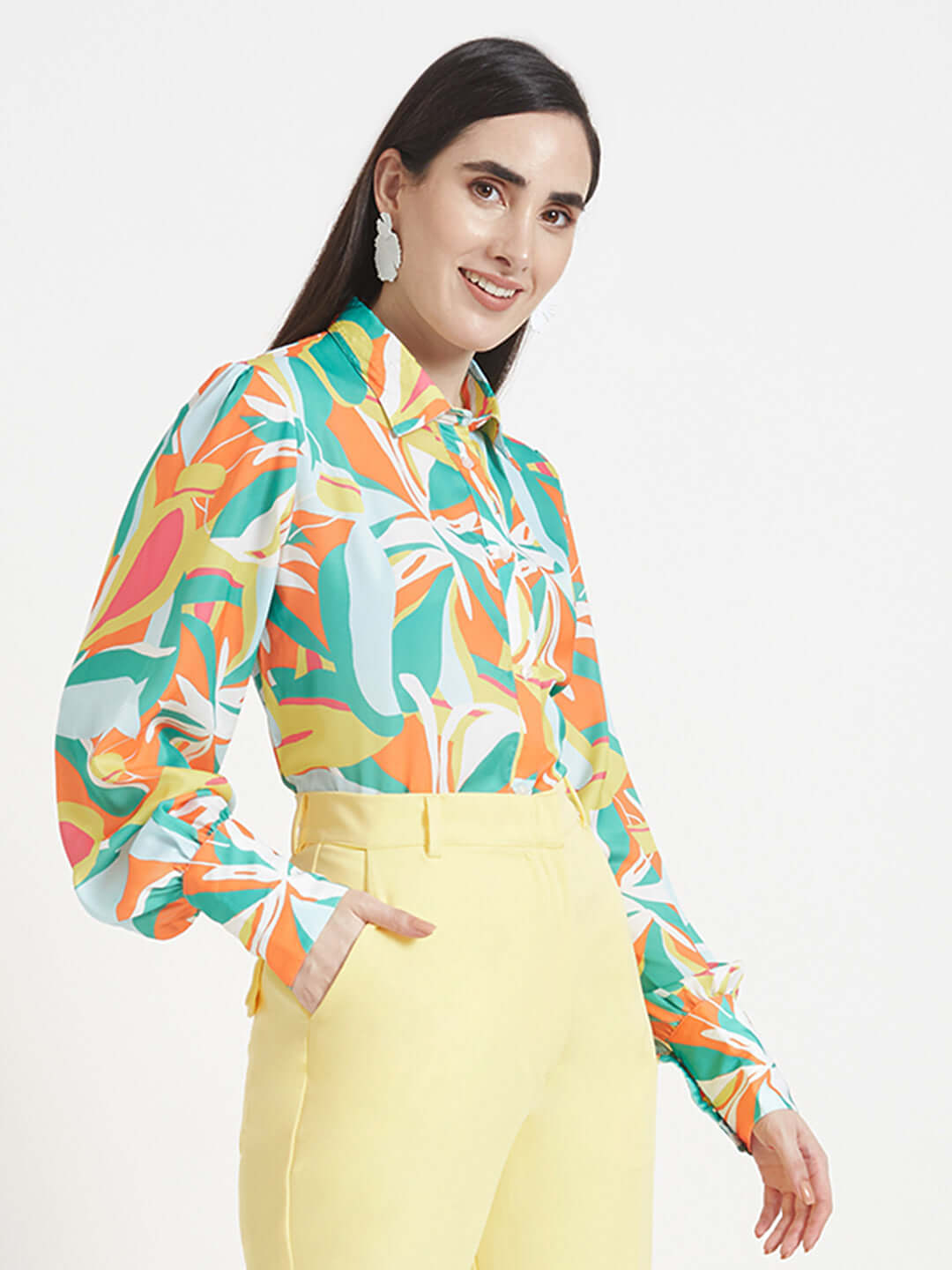 Luxury  Satin Digital Print Puff Sleeve Shirt
