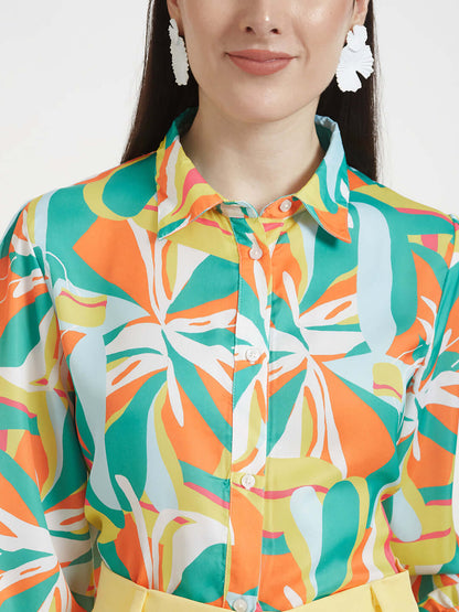 Luxury  Satin Digital Print Puff Sleeve Shirt