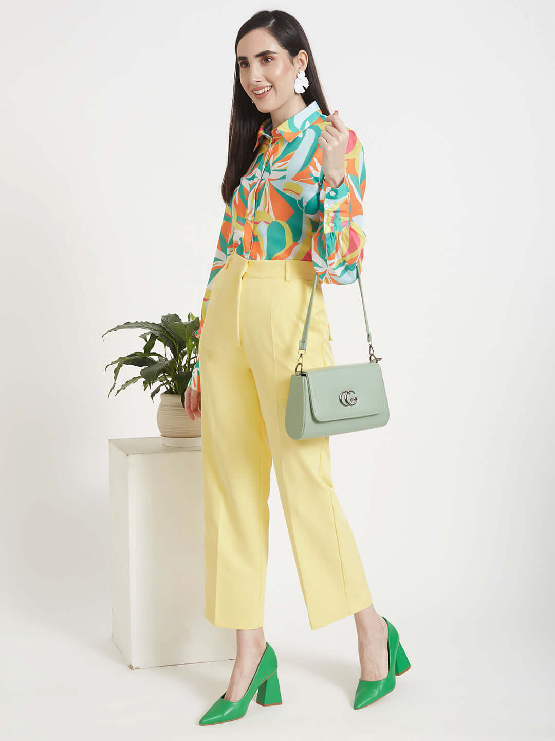 Luxury  Satin Digital Print Puff Sleeve Shirt