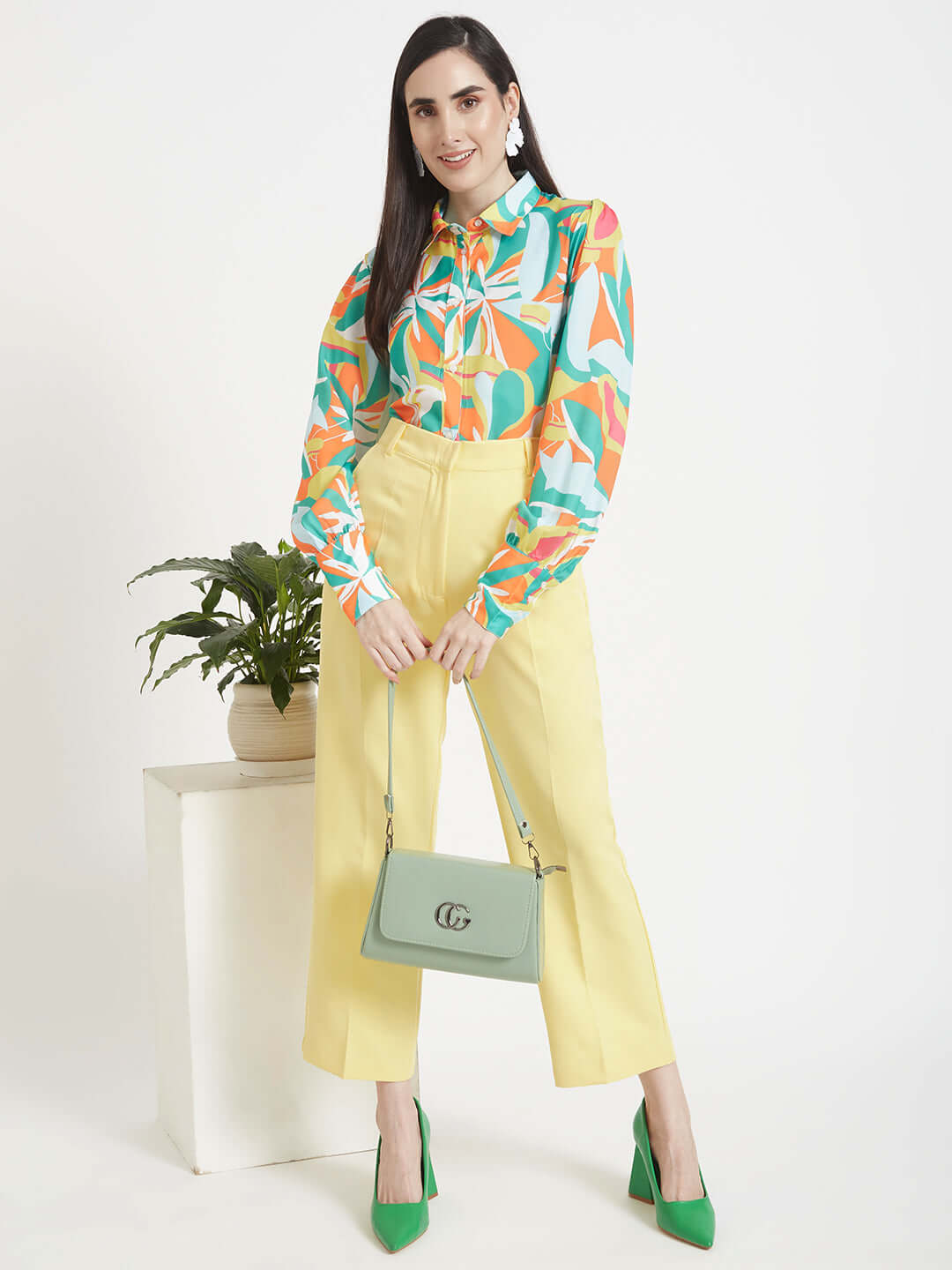 Luxury  Satin Digital Print Puff Sleeve Shirt