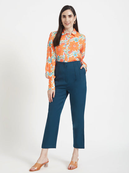 Luxury  Satin Digital Print Puff Sleeve Shirt