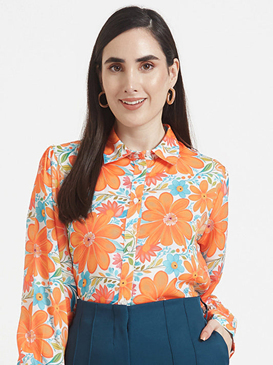 Luxury  Satin Digital Print Puff Sleeve Shirt