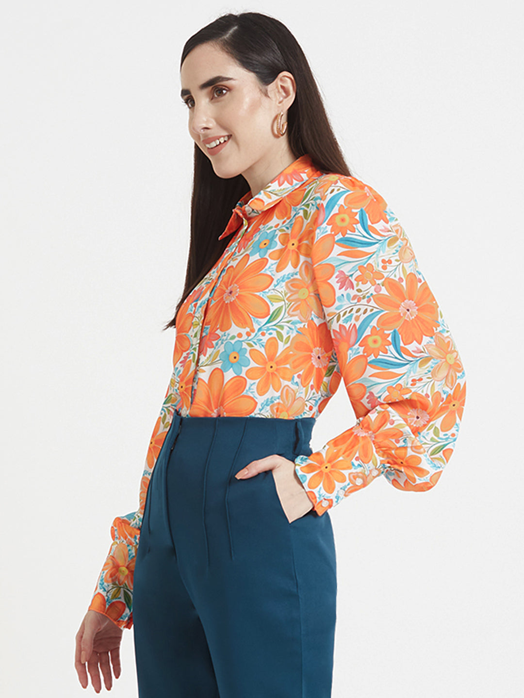 Luxury  Satin Digital Print Puff Sleeve Shirt