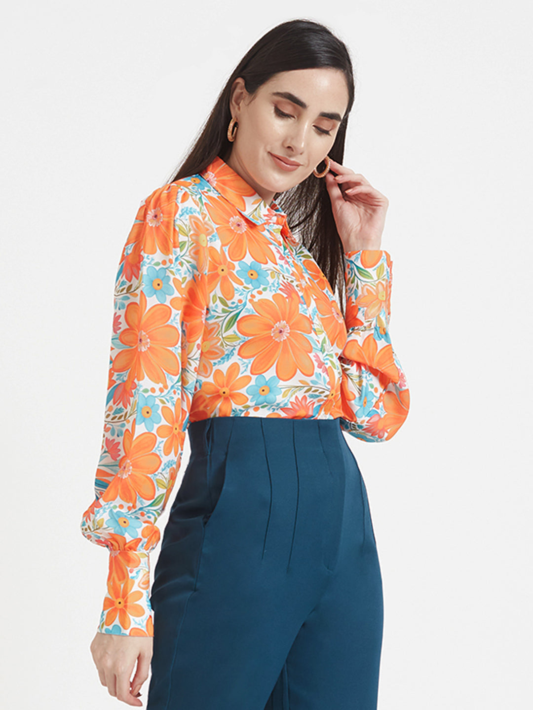 Luxury  Satin Digital Print Puff Sleeve Shirt