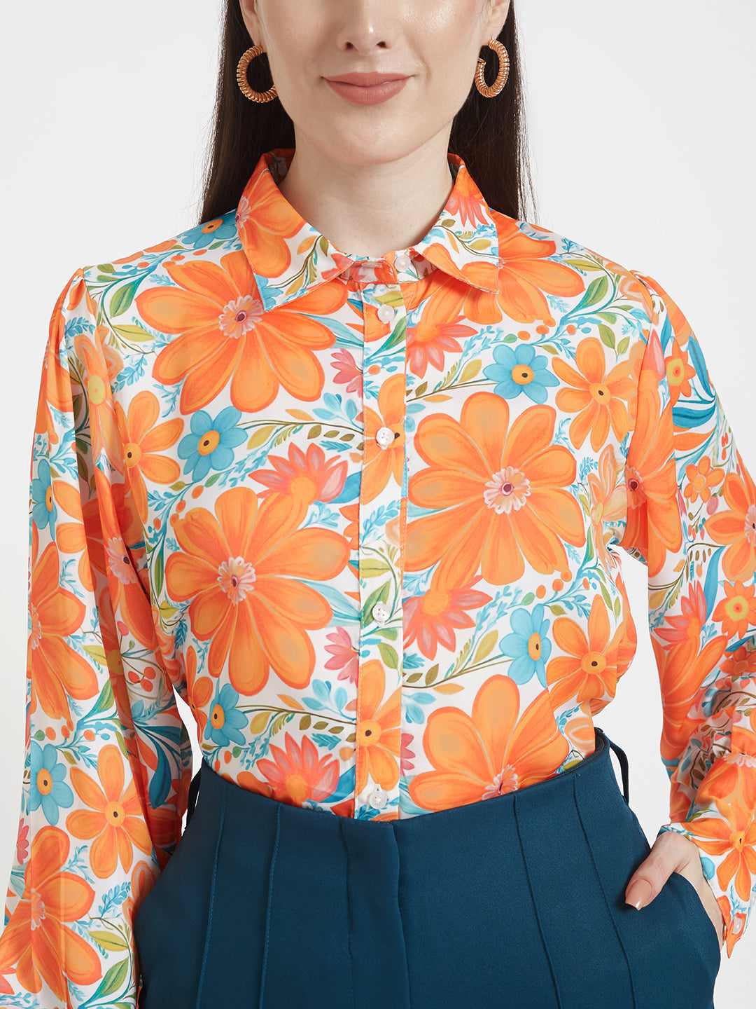 Luxury  Satin Digital Print Puff Sleeve Shirt