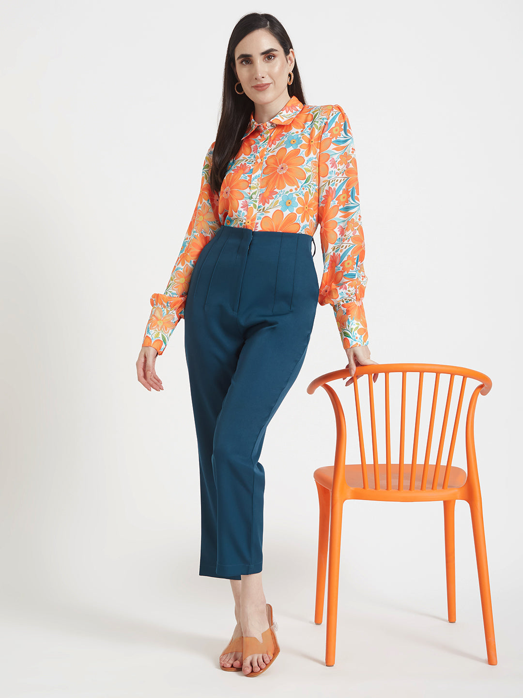 Luxury  Satin Digital Print Puff Sleeve Shirt