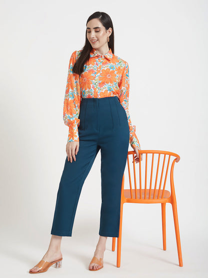 Luxury  Satin Digital Print Puff Sleeve Shirt