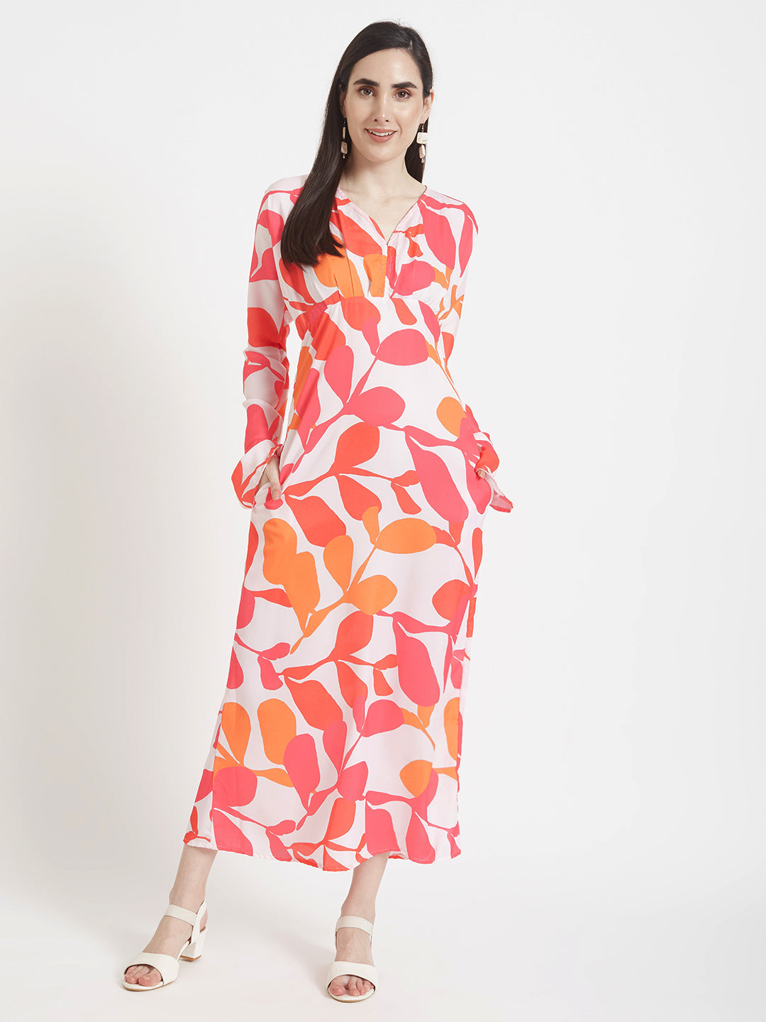 Luxury  Satin Digital Print  Maxi Dress With Slash Pocket