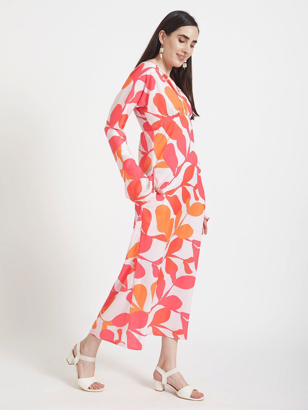 Luxury  Satin Digital Print  Maxi Dress With Slash Pocket