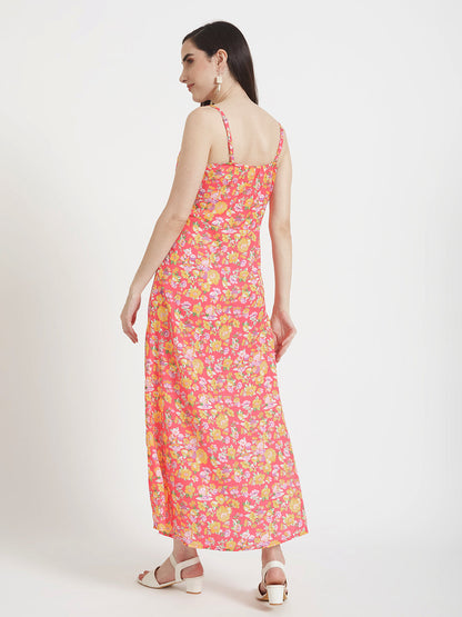 Luxury  Satin Digital Print  Shoulder Strap Bodycon Maxi Dress With Slash Pocket