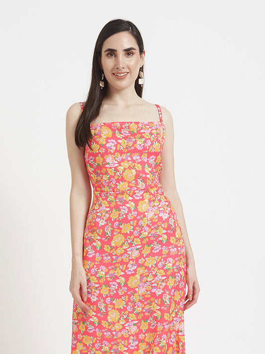 Luxury  Satin Digital Print  Shoulder Strap Bodycon Maxi Dress With Slash Pocket