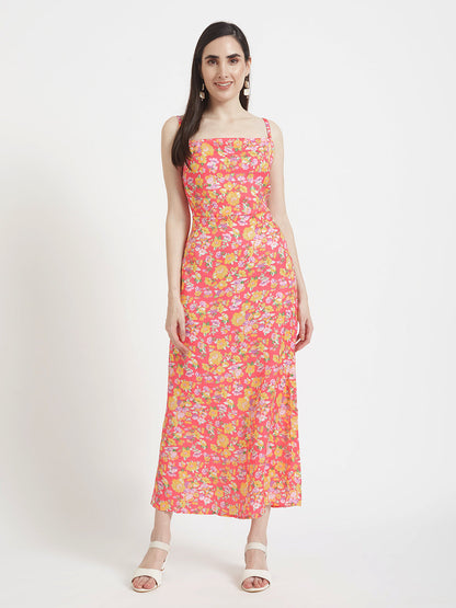 Luxury  Satin Digital Print  Shoulder Strap Bodycon Maxi Dress With Slash Pocket