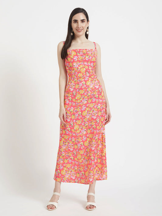 Luxury  Satin Digital Print  Shoulder Strap Bodycon Maxi Dress With Slash Pocket