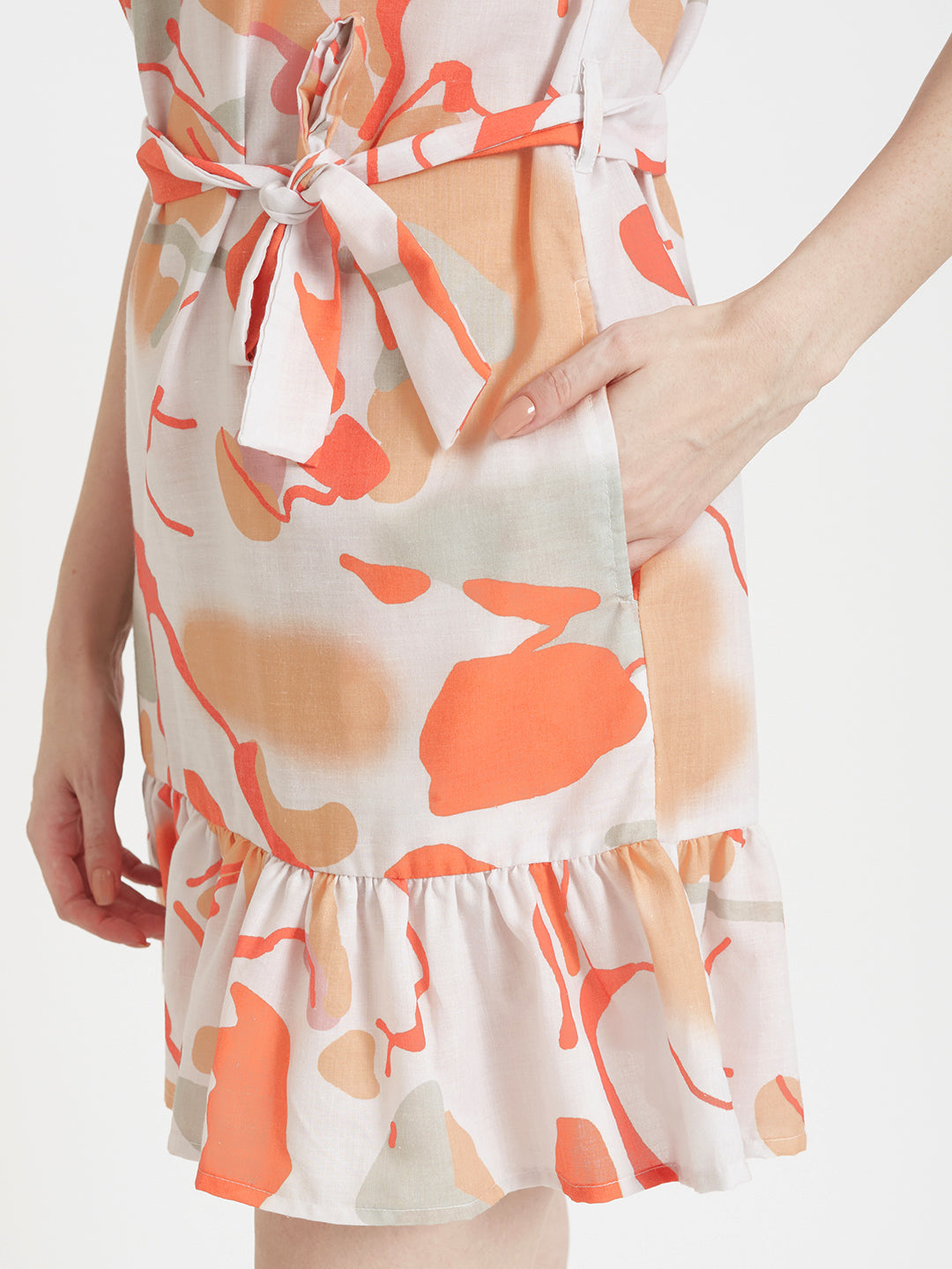 Luxury Cambric Digital Print  V Neck Flare Dress With Slash Pocket