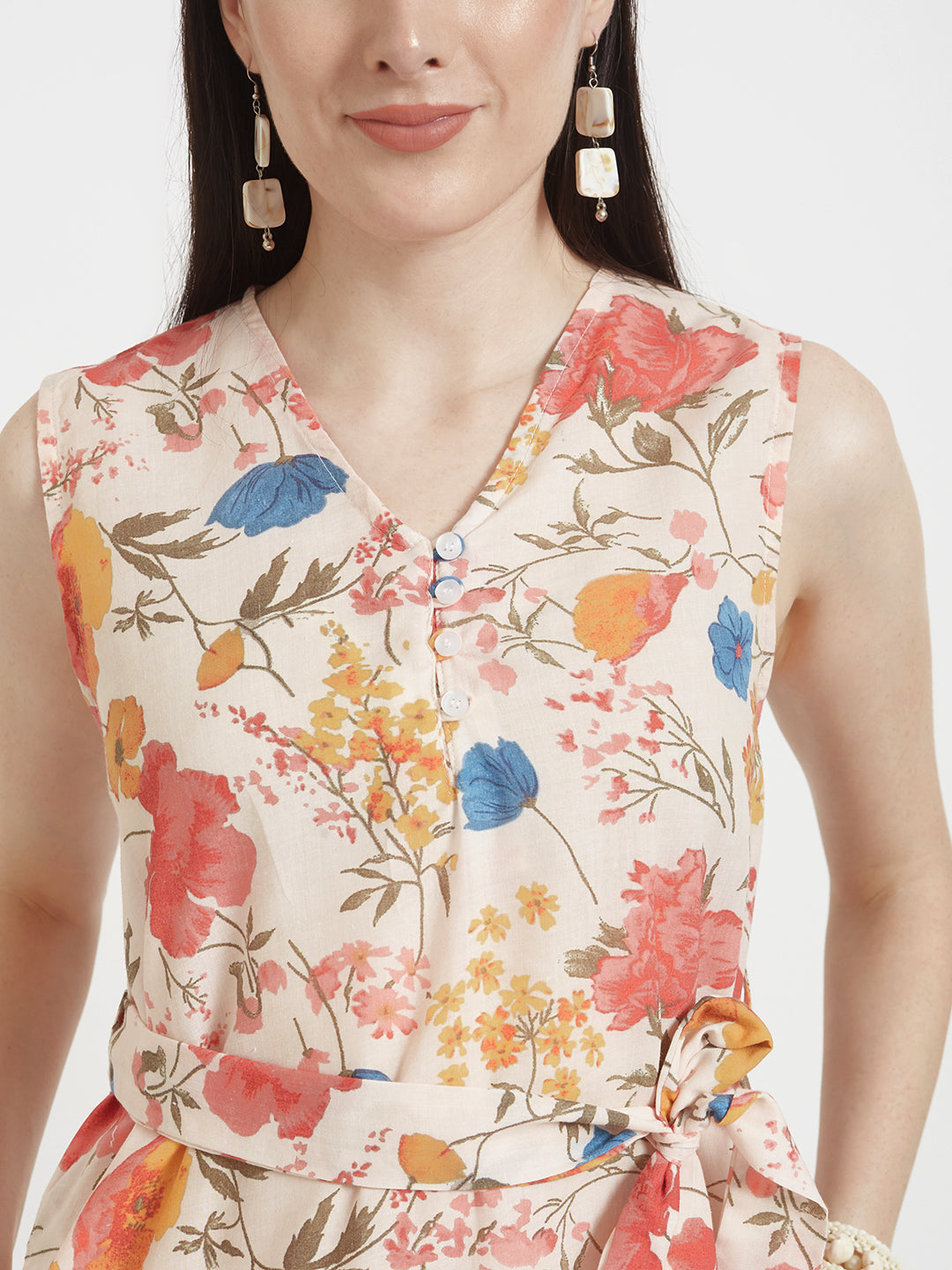 Luxury Cambric Digital Print  V Neck Flare Dress With Slash Pocket