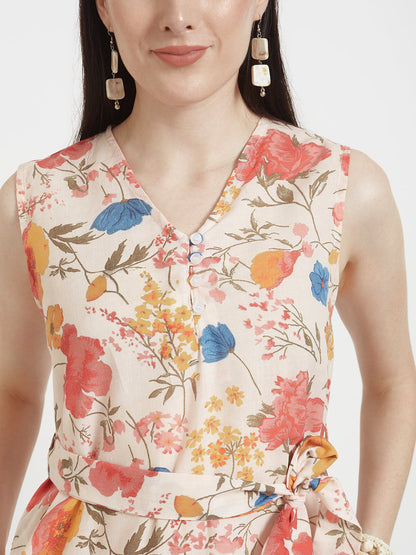 Luxury Cambric Digital Print  V Neck Flare Dress With Slash Pocket