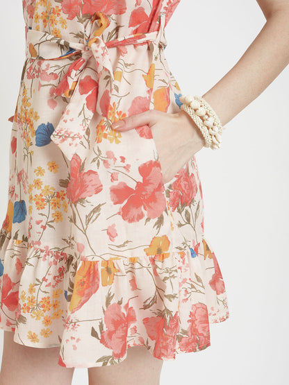Luxury Cambric Digital Print  V Neck Flare Dress With Slash Pocket