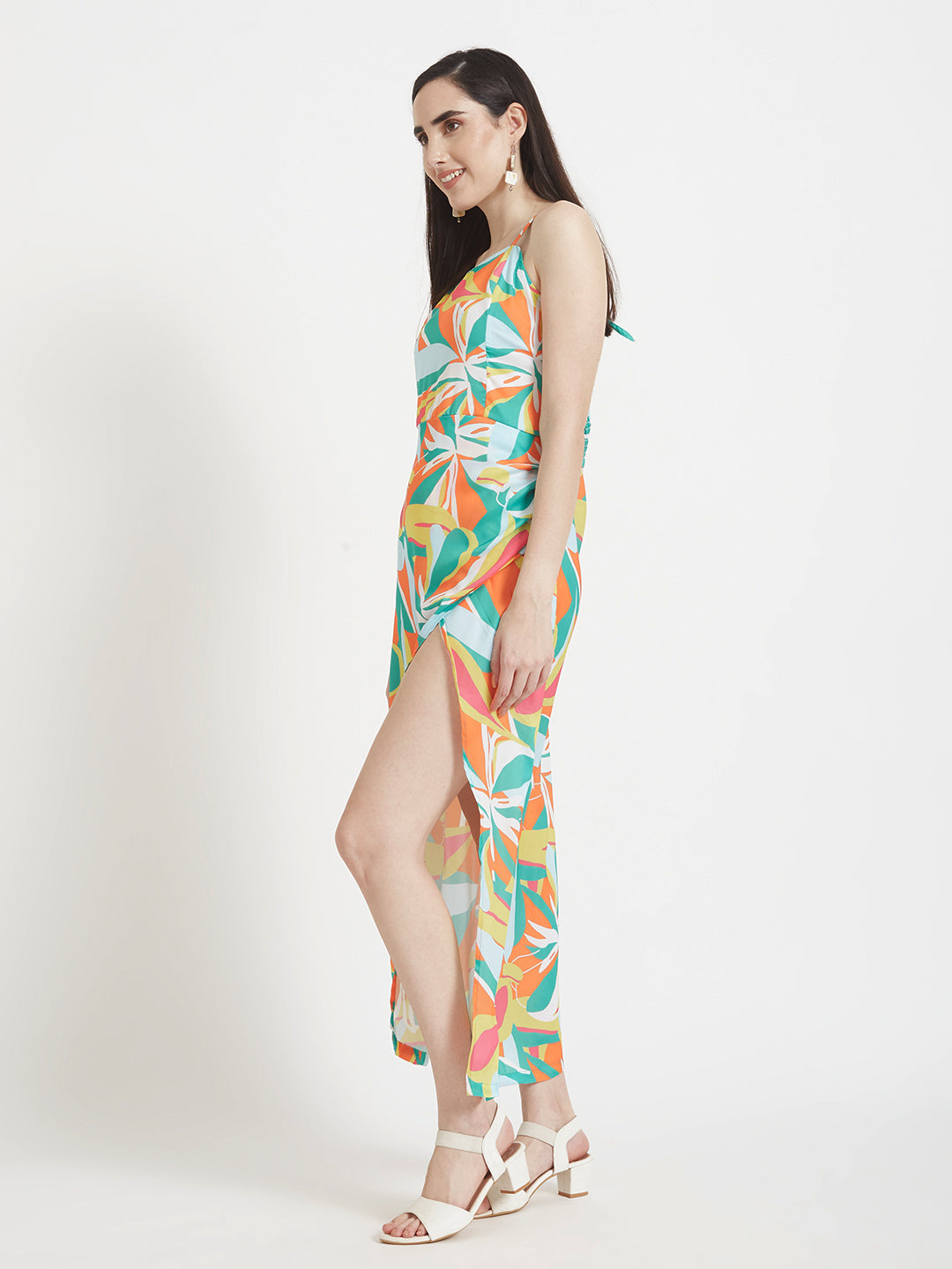 Luxury  Satin Digital Print  Maxi Dress With Slash Pocket