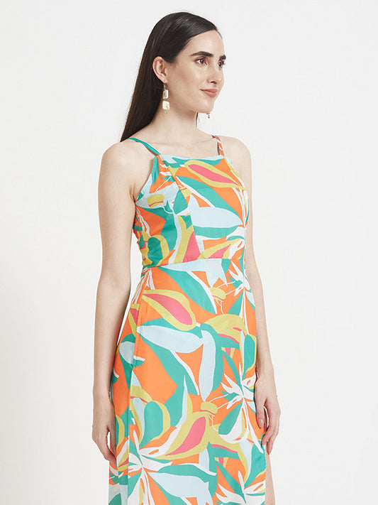Luxury  Satin Digital Print  Maxi Dress With Slash Pocket